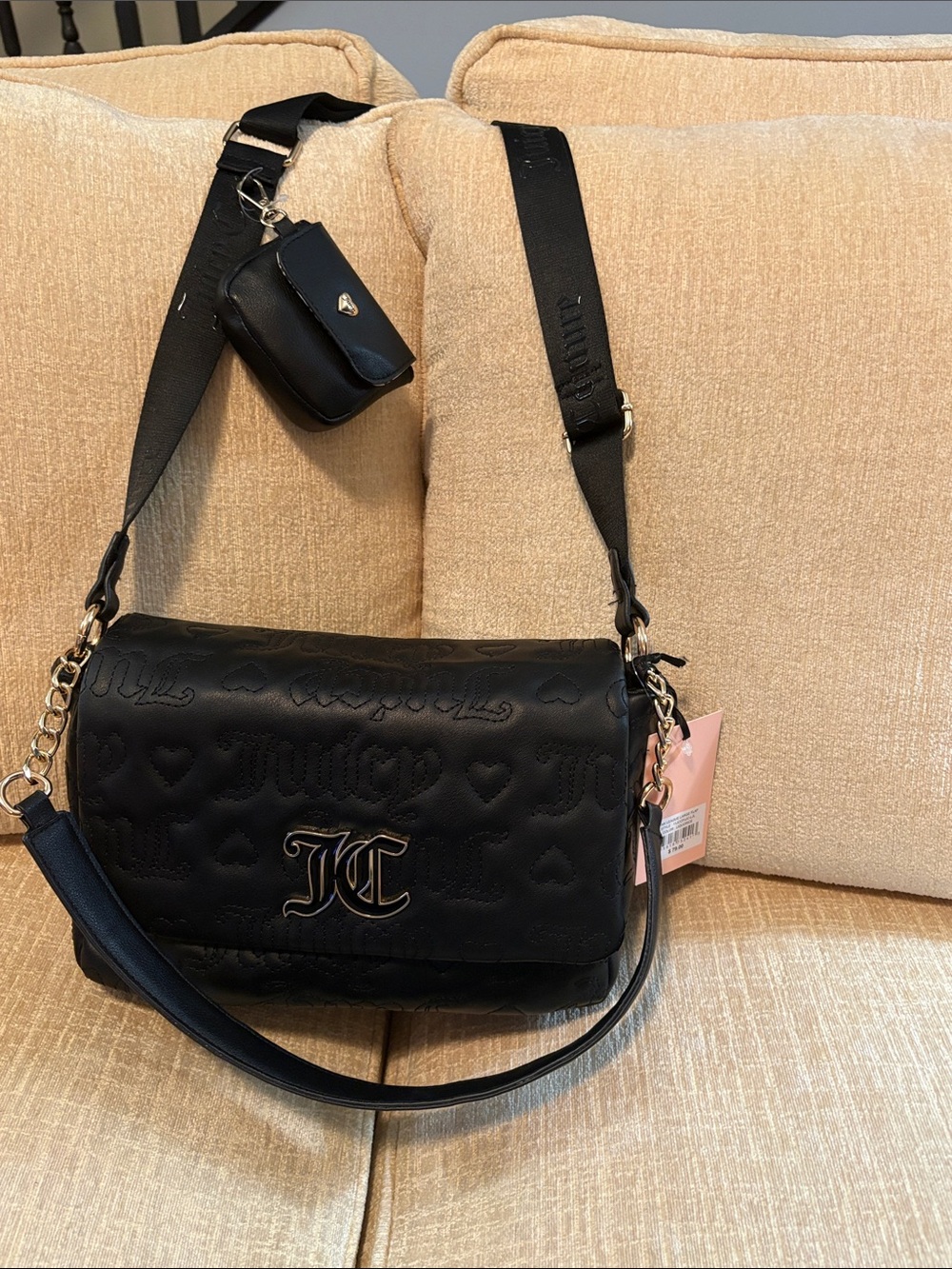 Juicy Couture Black Quilted Logo Crossbody Bag with Detachable Strap